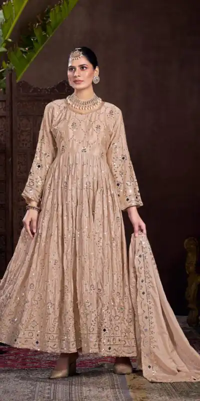 VLM 208 Golden Color Chinon Silk Embroidery Sequence Gown Casual, Wedding, Party, Festive, Events Etc. Expected Delivery 4-6 Working Days @2099/- | Gowns, Bollywood Gowns, Creative Gowns, Designer Gowns, Embroidered Gowns, Party Wear Gowns