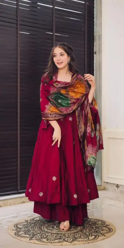 SRK 5182 Maroon Color Pure Chinnon Silk Embroidery Sequence Salwar Suit Wedding, Party, Festive, Events Expected Delivery 4-6 Working Days @ 1949/- | Jump Suits, Salwar suit, Designer Suits, Casual Suits, Creative suits, Palazzo Suits, Party Wear Suits, Patiala Suits, Straight Suits