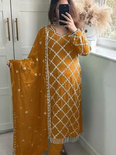 MF 409 Mustard Color Georgette Embroidered Hand Work Salwar Suit Wedding, Party, Festive, Events Etc. Expected 4-6 Working Days @2149/- | Jump Suits, Salwar suit, Designer Suits, Casual Suits, Creative suits, Palazzo Suits, Party Wear Suits, Patiala Suits, Straight Suits