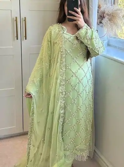 MF 409 Pista Color Georgette Embroidered Hand Work Salwar Suit Wedding, Party, Festive, Events Etc. Expected 4-6 Working Days @2149/- | Jump Suits, Salwar suit, Designer Suits, Casual Suits, Creative suits, Palazzo Suits, Party Wear Suits, Patiala Suits, Straight Suits