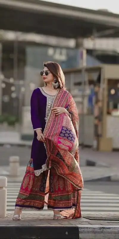AD 165 Violet Color Chinon Silk Embroidery Work Sharara Suit Casual, Wedding, Party, Festive, Events Etc. Expected Delivery 4-6 Working Days @1999/- | Jump Suits, Salwar suit, Designer Suits, Casual Suits, Creative suits, Palazzo Suits, Party Wear Suits, Patiala Suits, Straight Suits