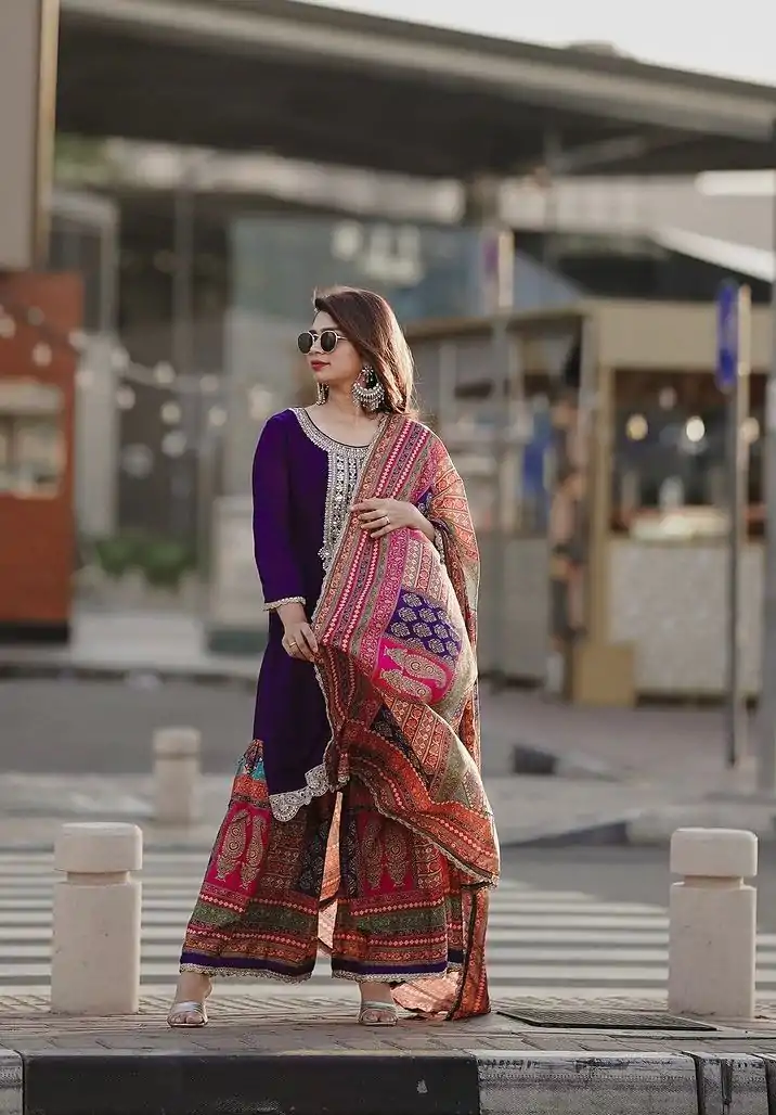 AD 165 Violet Color Chinon Silk Embroidery Work Sharara Suit Casual, Wedding, Party, Festive, Events Etc. Expected Delivery 4-6 Working Days @1999/- | Jump Suits, Salwar suit, Designer Suits, Casual Suits, Creative suits, Palazzo Suits, Party Wear Suits, Patiala Suits, Straight Suits