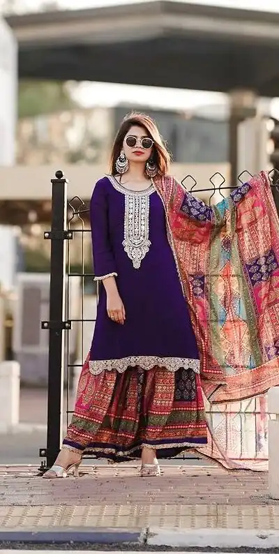 AD 165 Violet Color Chinon Silk Embroidery Work Sharara Suit Casual, Wedding, Party, Festive, Events Etc. Expected Delivery 4-6 Working Days @1999/- | Jump Suits, Salwar suit, Designer Suits, Casual Suits, Creative suits, Palazzo Suits, Party Wear Suits, Patiala Suits, Straight Suits