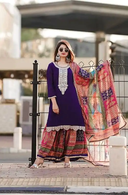 AD 165 Violet Color Chinon Silk Embroidery Work Sharara Suit Casual, Wedding, Party, Festive, Events Etc. Expected Delivery 4-6 Working Days @1999/- | Jump Suits, Salwar suit, Designer Suits, Casual Suits, Creative suits, Palazzo Suits, Party Wear Suits, Patiala Suits, Straight Suits