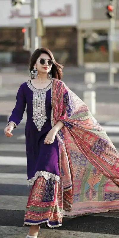 AD 165 Violet Color Chinon Silk Embroidery Work Sharara Suit Casual, Wedding, Party, Festive, Events Etc. Expected Delivery 4-6 Working Days @1999/- | Jump Suits, Salwar suit, Designer Suits, Casual Suits, Creative suits, Palazzo Suits, Party Wear Suits, Patiala Suits, Straight Suits