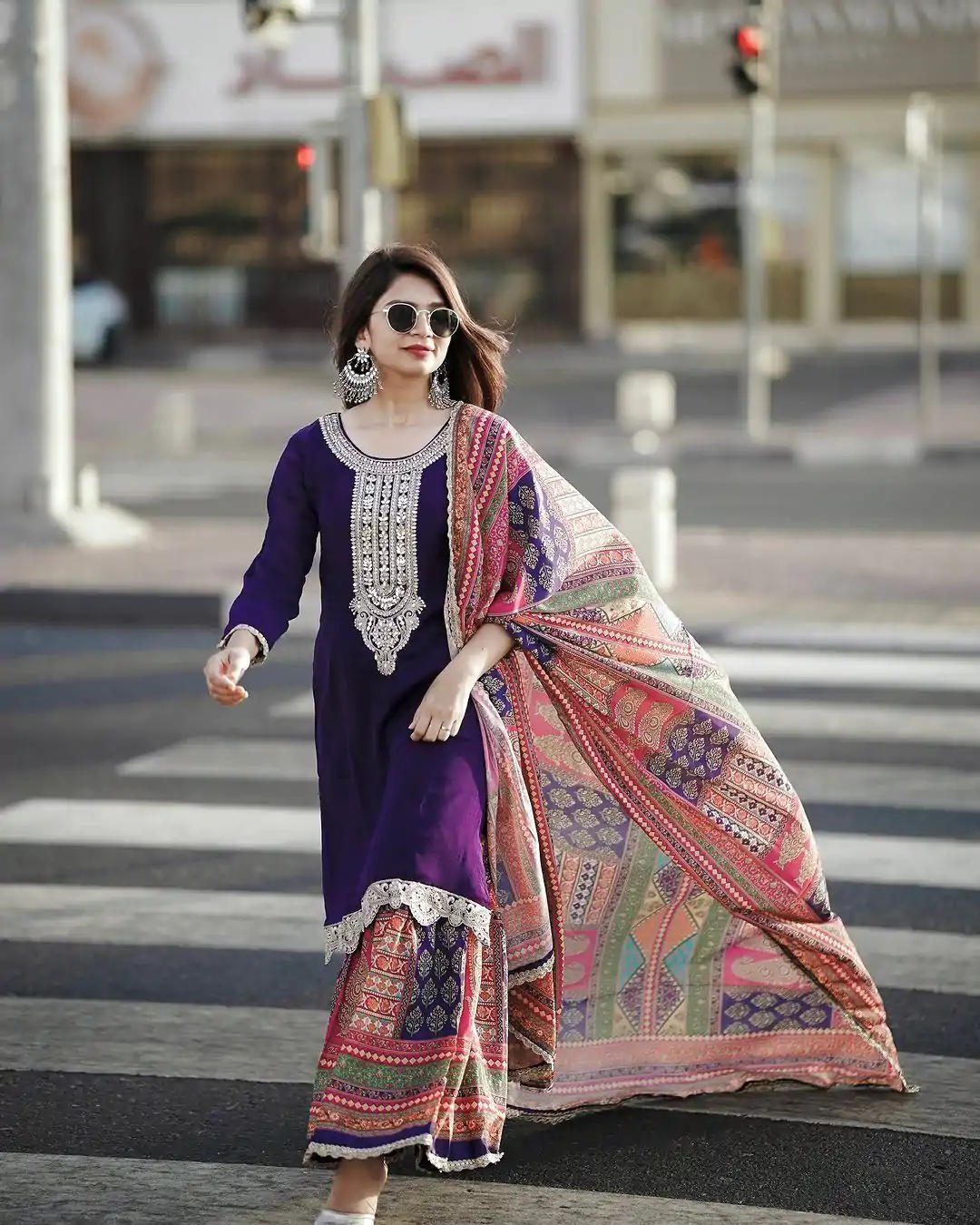 AD 165 Violet Color Chinon Silk Embroidery Work Sharara Suit Casual, Wedding, Party, Festive, Events Etc. Expected Delivery 4-6 Working Days @1999/- | Jump Suits, Salwar suit, Designer Suits, Casual Suits, Creative suits, Palazzo Suits, Party Wear Suits, Patiala Suits, Straight Suits