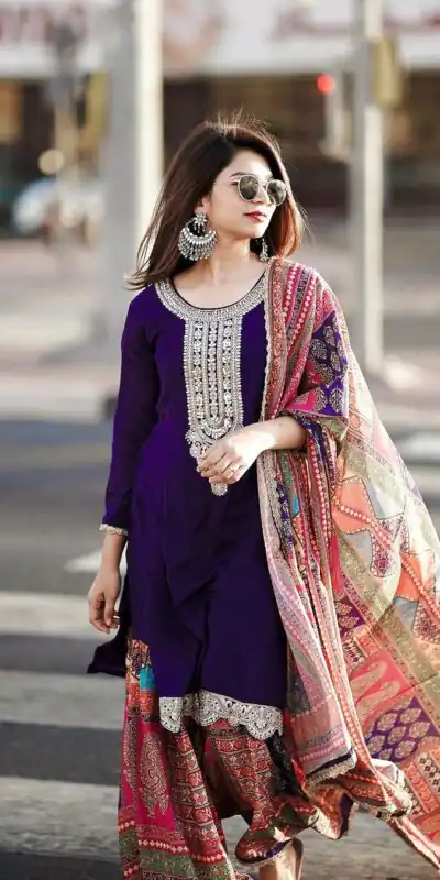 AD 165 Violet Color Chinon Silk Embroidery Work Sharara Suit Casual, Wedding, Party, Festive, Events Etc. Expected Delivery 4-6 Working Days @1999/- | Jump Suits, Salwar suit, Designer Suits, Casual Suits, Creative suits, Palazzo Suits, Party Wear Suits, Patiala Suits, Straight Suits
