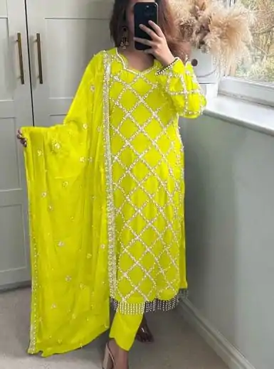 MF 409 Yellow Color Georgette Embroidered Hand Work Salwar Suit Wedding, Party, Festive, Events Etc. Expected 4-6 Working Days @2149/- | Jump Suits, Salwar suit, Designer Suits, Casual Suits, Creative suits, Palazzo Suits, Party Wear Suits, Patiala Suits, Straight Suits