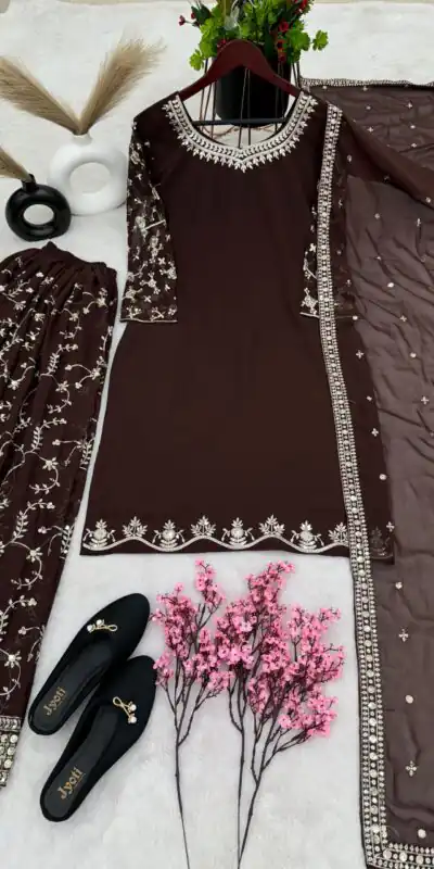 SRK 5135 Coffee Color Georgette Embroidery Sequence Salwar Suit Wedding, Party, Festive, Events Expected Delivery 4-6 Working Days @ 1999/- | Jump Suits, Salwar suit, Designer Suits, Casual Suits, Creative suits, Palazzo Suits, Party Wear Suits, Patiala Suits, Straight Suits