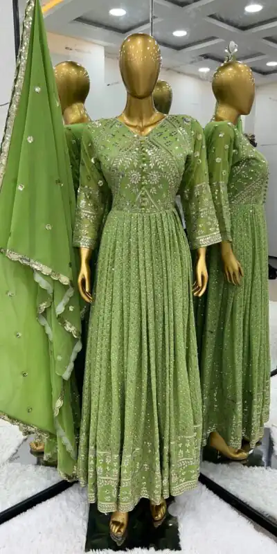 SR 1628 Green Color Georgette Embroidery Sequence Gown Casual, Wedding, Party, Festive, Events Etc. Expected Delivery 4-6 Working Days @2499/- | Gowns, Bollywood Gowns, Creative Gowns, Designer Gowns, Embroidered Gowns, Party Wear Gowns
