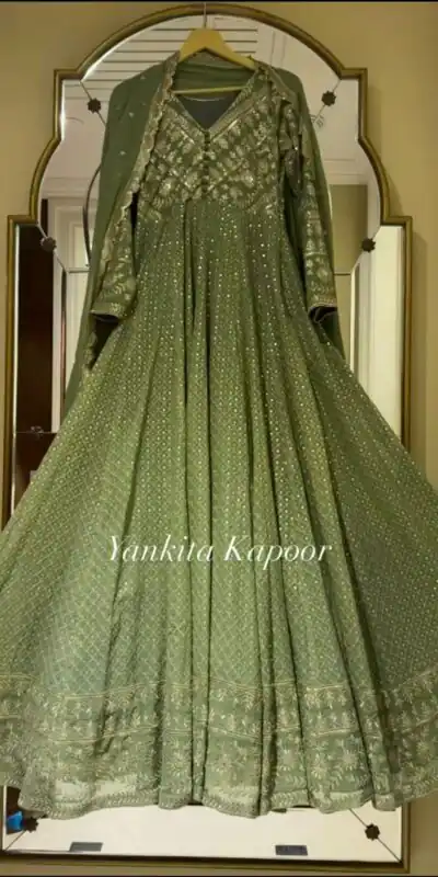 SR 1628 Green Color Georgette Embroidery Sequence Gown Casual, Wedding, Party, Festive, Events Etc. Expected Delivery 4-6 Working Days @2499/- | Gowns, Bollywood Gowns, Creative Gowns, Designer Gowns, Embroidered Gowns, Party Wear Gowns