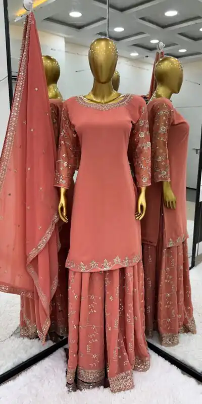 SRK 5135 Onion Color Georgette Embroidery Sequence Salwar Suit Wedding, Party, Festive, Events Expected Delivery 4-6 Working Days @ 1999/- | Jump Suits, Salwar suit, Designer Suits, Casual Suits, Creative suits, Palazzo Suits, Party Wear Suits, Patiala Suits, Straight Suits