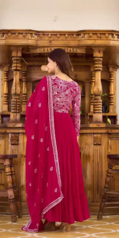 Ram 018 Maroon Color Fox Georgette Embroidery Sequence Gown Casual, Wedding, Party, Festive, Events Etc. Expected Delivery 4-6 Working Days @1999/- | Gowns, Bollywood Gowns, Creative Gowns, Designer Gowns, Embroidered Gowns, Party Wear Gowns