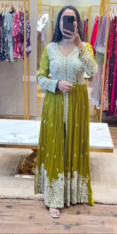 SR 1623 Pista Green Color Georgette Embroidery Sequence Gown Casual, Wedding, Party, Festive, Events Etc. Expected Delivery 4-6 Working Days @2349/- | Gowns, Bollywood Gowns, Creative Gowns, Designer Gowns, Embroidered Gowns, Party Wear Gowns