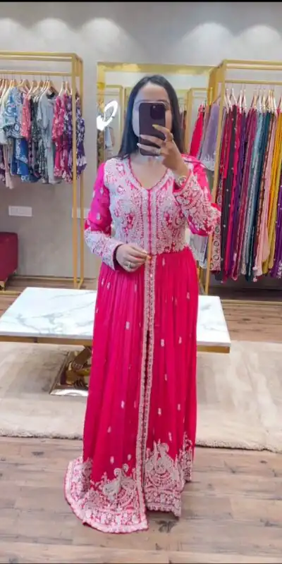 SR 1623 Pink Color Georgette Embroidery Sequence Gown Casual, Wedding, Party, Festive, Events Etc. Expected Delivery 4-6 Working Days @2349/- | Gowns, Bollywood Gowns, Creative Gowns, Designer Gowns, Embroidered Gowns, Party Wear Gowns