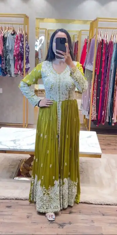 SR 1623 Pista Green Color Georgette Embroidery Sequence Gown Casual, Wedding, Party, Festive, Events Etc. Expected Delivery 4-6 Working Days @2349/- | Gowns, Bollywood Gowns, Creative Gowns, Designer Gowns, Embroidered Gowns, Party Wear Gowns