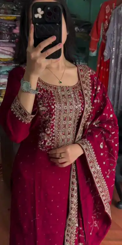 AD 163 Red Color Chinon Silk Embroidery Work Sharara Suit Casual, Wedding, Party, Festive, Events Etc. Expected Delivery 4-6 Working Days @2249/- | Jump Suits, Salwar suit, Designer Suits, Casual Suits, Creative suits, Palazzo Suits, Party Wear Suits, Patiala Suits, Straight Suits