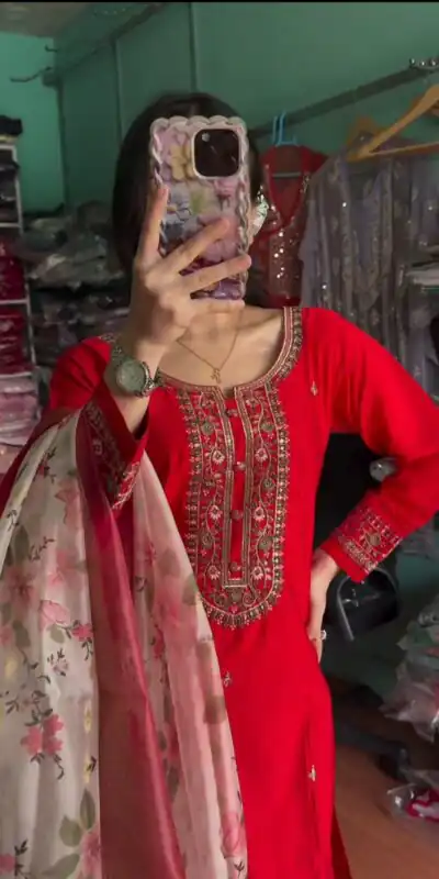 AD 164 Red Color Chinon Silk Embroidery Work Sharara Suit Casual, Wedding, Party, Festive, Events Etc. Expected Delivery 4-6 Working Days @1949/- | Jump Suits, Salwar suit, Designer Suits, Casual Suits, Creative suits, Palazzo Suits, Party Wear Suits, Patiala Suits, Straight Suits