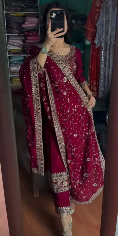 AD 163 Red Color Chinon Silk Embroidery Work Sharara Suit Casual, Wedding, Party, Festive, Events Etc. Expected Delivery 4-6 Working Days @2249/- | Jump Suits, Salwar suit, Designer Suits, Casual Suits, Creative suits, Palazzo Suits, Party Wear Suits, Patiala Suits, Straight Suits