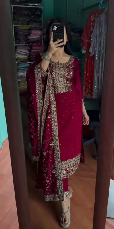 AD 163 Red Color Chinon Silk Embroidery Work Sharara Suit Casual, Wedding, Party, Festive, Events Etc. Expected Delivery 4-6 Working Days @2249/- | Jump Suits, Salwar suit, Designer Suits, Casual Suits, Creative suits, Palazzo Suits, Party Wear Suits, Patiala Suits, Straight Suits