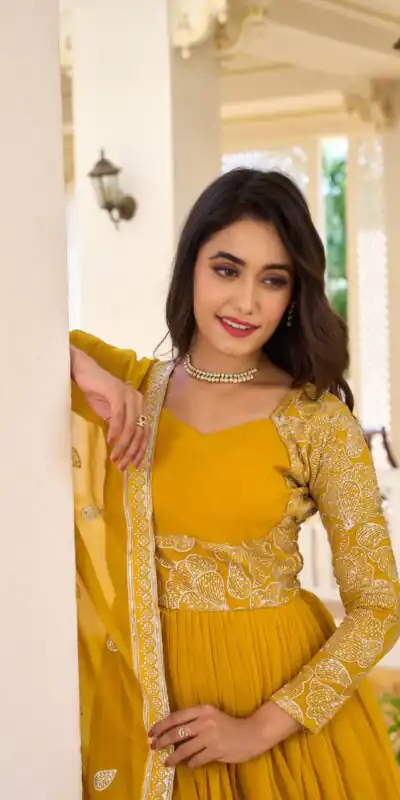 Ram 018 Yellow Color Fox Georgette Embroidery Sequence Gown Casual, Wedding, Party, Festive, Events Etc. Expected Delivery 4-6 Working Days @1999/- | Gowns, Bollywood Gowns, Creative Gowns, Designer Gowns, Embroidered Gowns, Party Wear Gowns