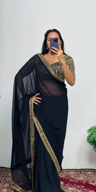 ST 468 Black Color Georgette Embroidery Lace Border Work Saree Casual, Wedding, Party, Festive, Events Etc. Expected Delivery 4-6 Working Days @1699/- | Sarees, Bollywood Sarees, Creative Sarees, Designer Sarees, Embroidered Sarees, Ethnic Saree, Modern Digital sarees, Party Wear Sarees