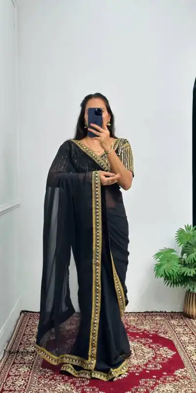 ST 468 Black Color Georgette Embroidery Lace Border Work Saree Casual, Wedding, Party, Festive, Events Etc. Expected Delivery 4-6 Working Days @1699/- | Sarees, Bollywood Sarees, Creative Sarees, Designer Sarees, Embroidered Sarees, Ethnic Saree, Modern Digital sarees, Party Wear Sarees