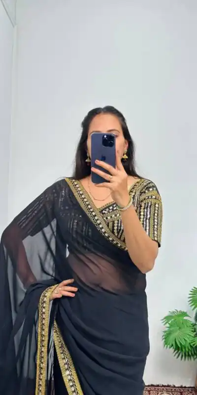 ST 468 Black Color Georgette Embroidery Lace Border Work Saree Casual, Wedding, Party, Festive, Events Etc. Expected Delivery 4-6 Working Days @1699/- | Sarees, Bollywood Sarees, Creative Sarees, Designer Sarees, Embroidered Sarees, Ethnic Saree, Modern Digital sarees, Party Wear Sarees