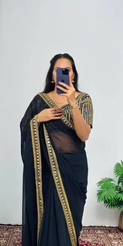 ST 468 Black Color Georgette Embroidery Lace Border Work Saree Casual, Wedding, Party, Festive, Events Etc. Expected Delivery 4-6 Working Days @1699/- | Sarees, Bollywood Sarees, Creative Sarees, Designer Sarees, Embroidered Sarees, Ethnic Saree, Modern Digital sarees, Party Wear Sarees