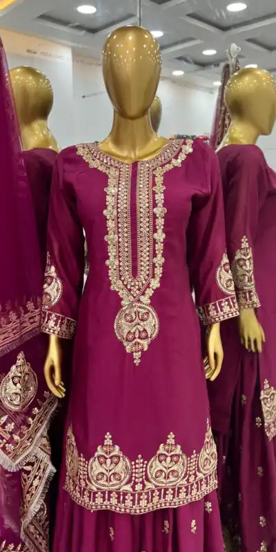 ZF 375 Purple Color Chinnon Silk Embroidery Sequence Salwar Suit Casual, Wedding, Party, Events Etc. Expected Delivery 4-6 Working Days 2099/- | Jump Suits, Salwar suit, Designer Suits, Casual Suits, Creative suits, Palazzo Suits, Party Wear Suits, Patiala Suits, Straight Suits