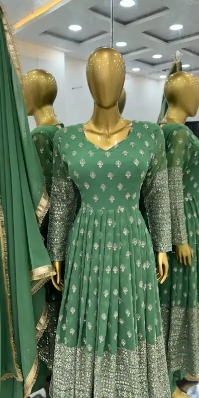 SR 1633 Green Color Chinnon Embroidery Sequence Gown Casual, Wedding, Party, Festive, Events Etc. Expected Delivery 4-6 Working Days @2449/- | Gowns, Bollywood Gowns, Creative Gowns, Designer Gowns, Embroidered Gowns, Party Wear Gowns