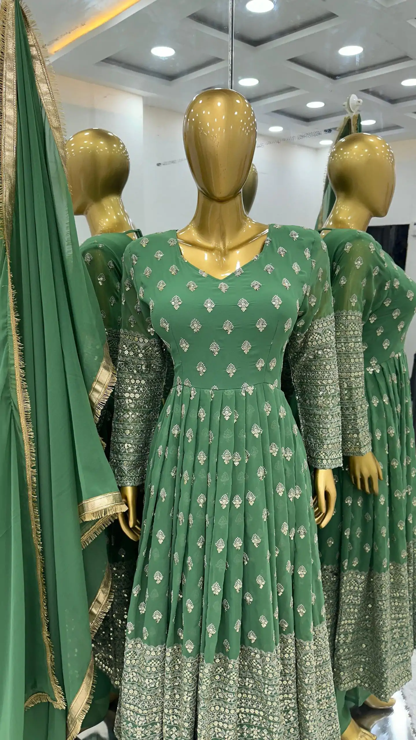 SR 1633 Green Color Chinnon Embroidery Sequence Gown Casual, Wedding, Party, Festive, Events Etc. Expected Delivery 4-6 Working Days @2449/- | Gowns, Bollywood Gowns, Creative Gowns, Designer Gowns, Embroidered Gowns, Party Wear Gowns