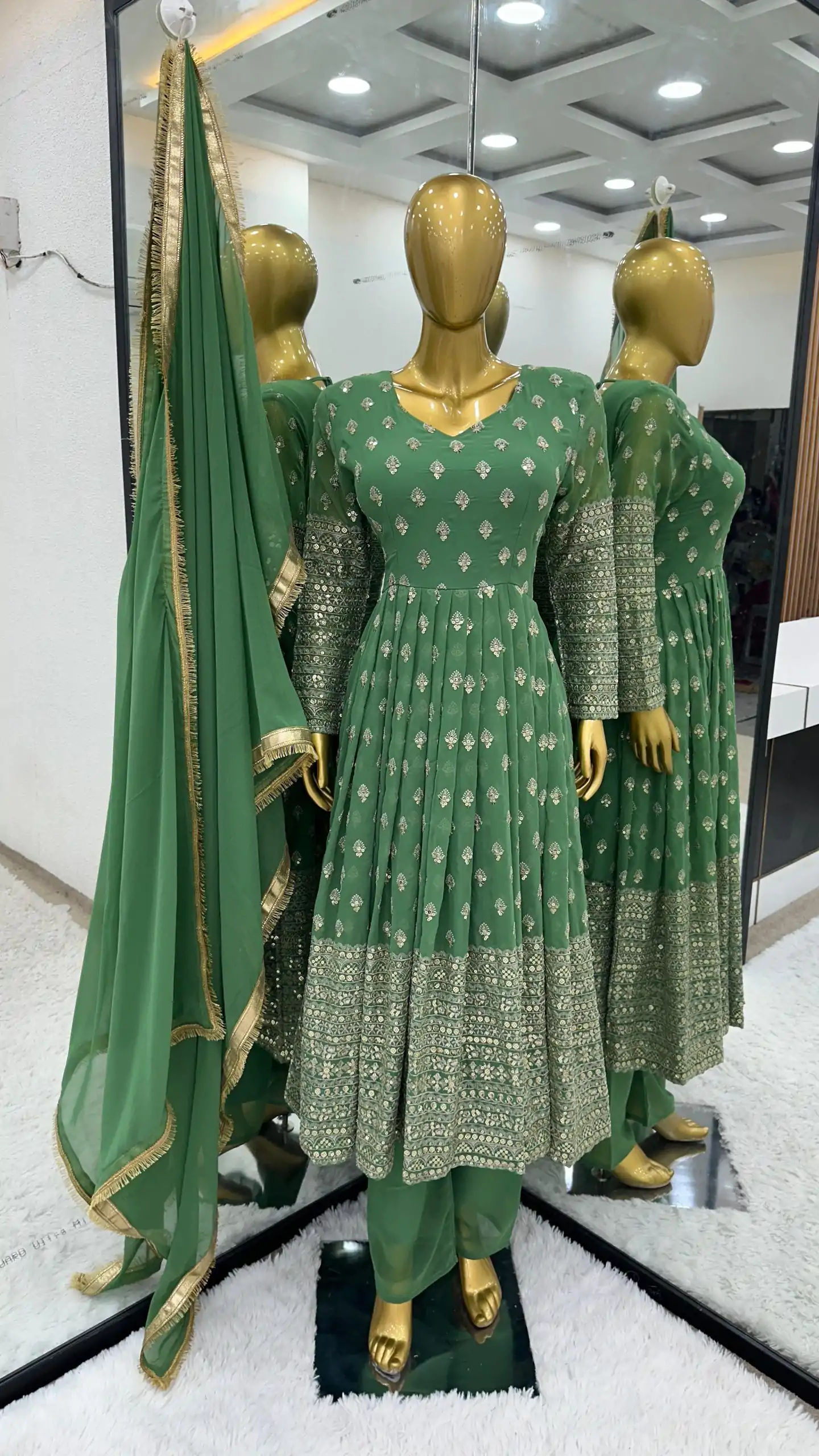 SR 1633 Green Color Chinnon Embroidery Sequence Gown Casual, Wedding, Party, Festive, Events Etc. Expected Delivery 4-6 Working Days @2449/- | Gowns, Bollywood Gowns, Creative Gowns, Designer Gowns, Embroidered Gowns, Party Wear Gowns