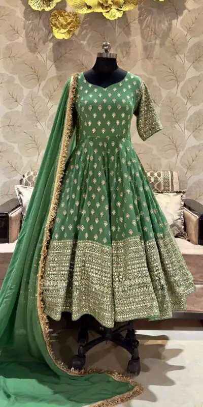 SR 1633 Green Color Chinnon Embroidery Sequence Gown Casual, Wedding, Party, Festive, Events Etc. Expected Delivery 4-6 Working Days @2449/- | Gowns, Bollywood Gowns, Creative Gowns, Designer Gowns, Embroidered Gowns, Party Wear Gowns