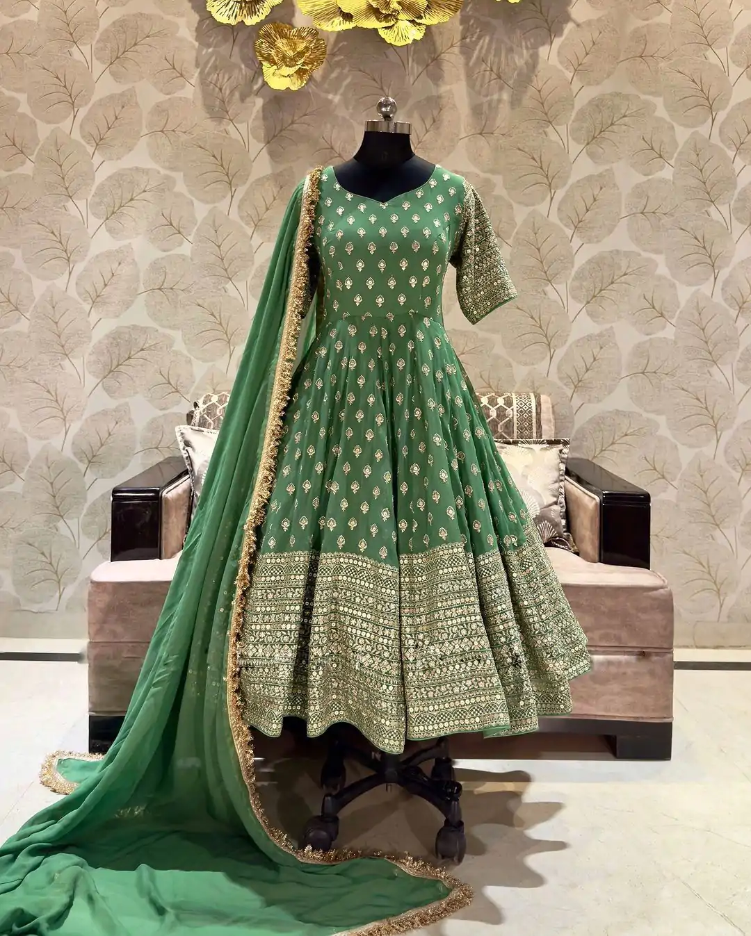 SR 1633 Green Color Chinnon Embroidery Sequence Gown Casual, Wedding, Party, Festive, Events Etc. Expected Delivery 4-6 Working Days @2449/- | Gowns, Bollywood Gowns, Creative Gowns, Designer Gowns, Embroidered Gowns, Party Wear Gowns