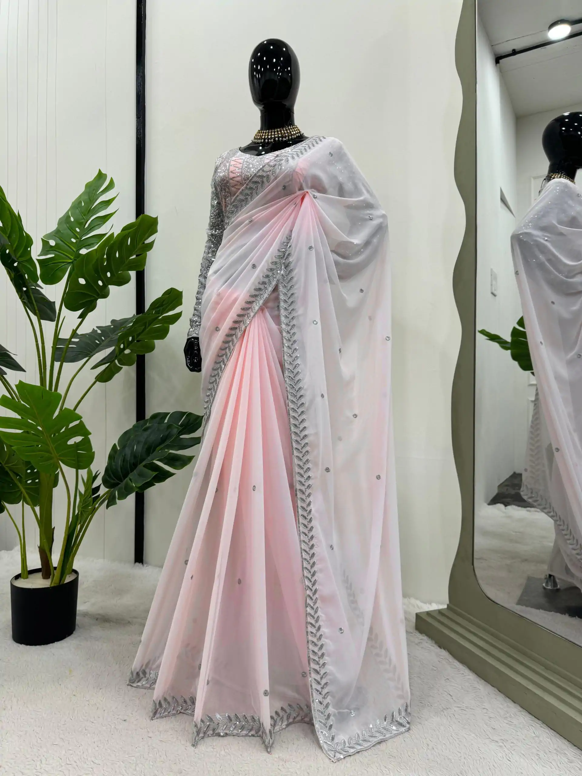KD 498 Off Light Pink Color Faux Georgette Thread Sequence Work Saree Casual, Party Wear, Wedding, Events Etc. Expected Delivery 4-6 Working Days @1799/- | Sarees, Bollywood Sarees, Creative Sarees, Designer Sarees, Embroidered Sarees, Ethnic Saree, Modern Digital sarees, Party Wear Sarees