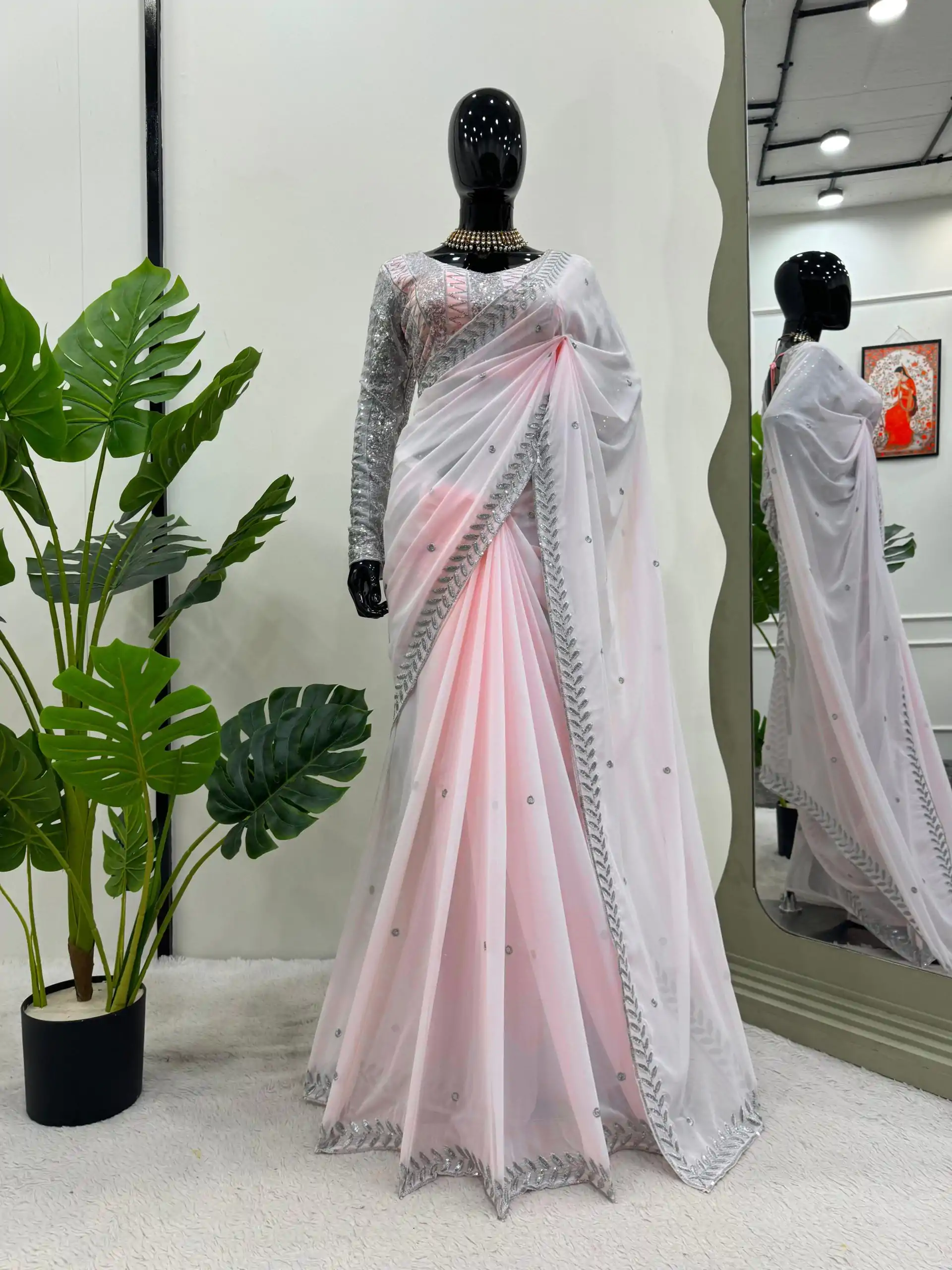 KD 498 Off Light Pink Color Faux Georgette Thread Sequence Work Saree Casual, Party Wear, Wedding, Events Etc. Expected Delivery 4-6 Working Days @1799/- | Sarees, Bollywood Sarees, Creative Sarees, Designer Sarees, Embroidered Sarees, Ethnic Saree, Modern Digital sarees, Party Wear Sarees