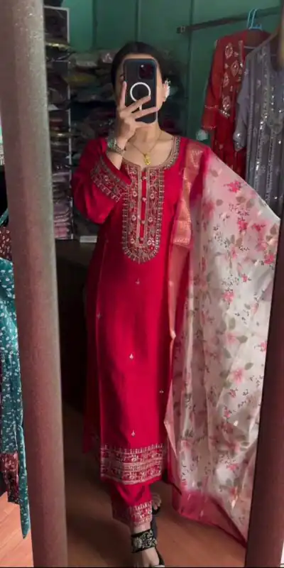 SR 1622 Red Color Chinnon Silk Embroidery Sharara Suit Wedding, Party, Festive, Events Etc. Expected Delivery 4-6 Working Days @1949 | Salwar suit, Designer Suits, Casual Suits, Creative suits, Palazzo Suits, Party Wear Suits, Straight Suits