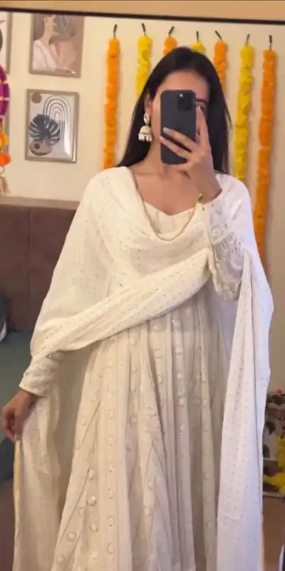 SR 1597 White Color Georgette Embroidery Sequence Gown Casual, Wedding, Party, Festive, Events Etc. Expected Delivery 4-6 Working Days @2499/- | Gowns, Bollywood Gowns, Creative Gowns, Designer Gowns, Embroidered Gowns, Party Wear Gowns