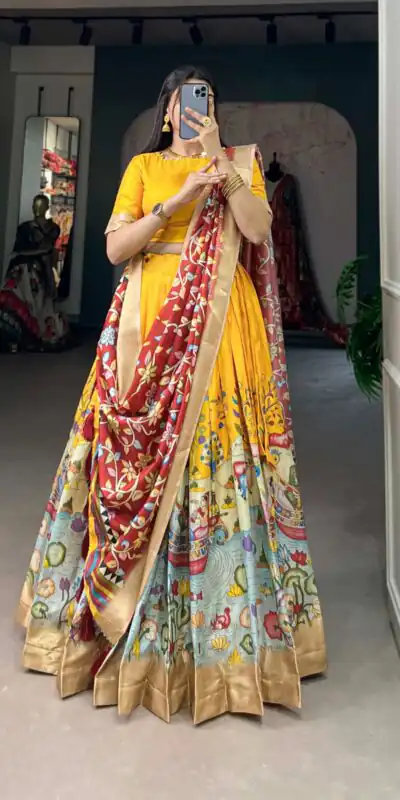 LNB1 2027 Yellow Color Dola Silk Kalamkari Printed Lehenga Choli Traditional Wear, Festive, Party, Wedding, Events etc. Expected 4-6 Working Days @1899/- | Lehenga, Bollywood Lehenga, Creative Lehenga, Designer Lehenga, Embroidered Lehenga, Party Wear Lehenga