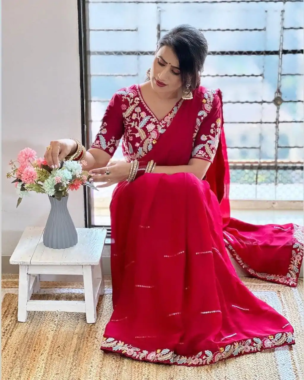 BT 3107 Red Color Rangoli Silk Beautiful Embroidery Saree Casual, Party Wear, Traditional Wear, Wedding Wear, Events Etc.@2099/- | Sarees, Bollywood Sarees, Creative Sarees, Designer Sarees, Ethnic Saree, Modern Digital sarees, Party Wear Sarees