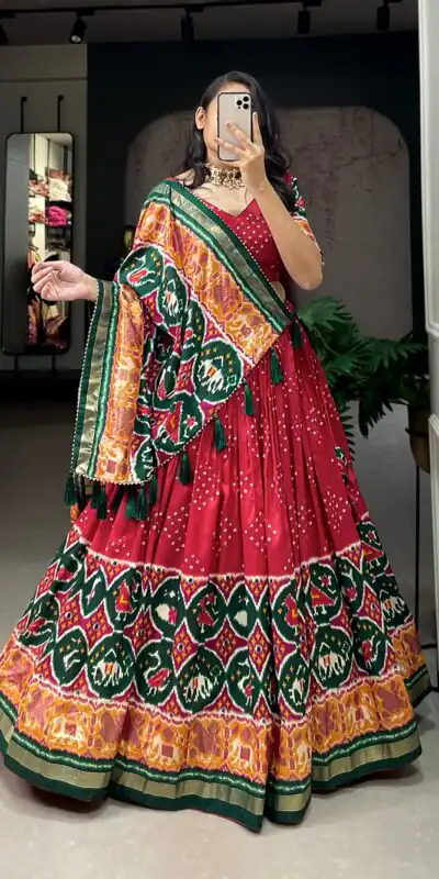 LNB 1684 Red Color Tussar Silk Patola Printed Lehenga Cho Festive Party Wedding, Events etc. Delivery 4-6 Working Days @2549/- | Lehenga, Bollywood Lehenga, Creative Lehenga, Designer Lehenga, Embroidered Lehenga, Party Wear Lehenga