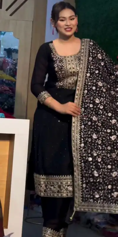 SRK 5178 Black Color Chinnon Silk Embroidery Sequence Salwar Suit Wedding, Party, Festive, Events Expected Delivery 4-6 Working Days @ 2099/- | Jump Suits, Salwar suit, Designer Suits, Casual Suits, Creative suits, Palazzo Suits, Party Wear Suits, Patiala Suits, Straight Suits