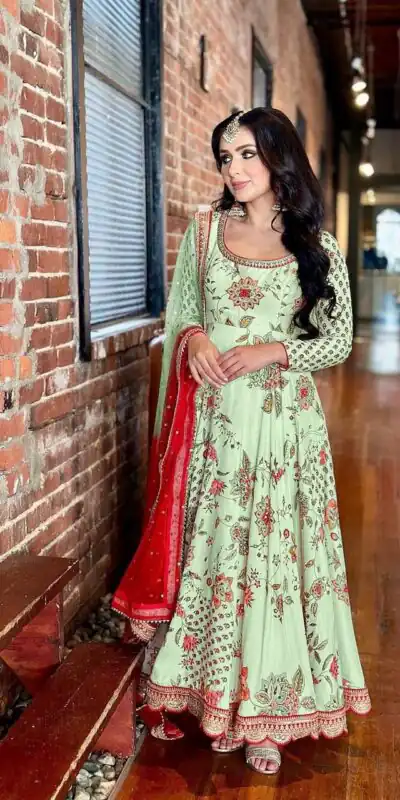 SR 1620 Green color Georgette Embroidery Diamond Anarkali Suit Casual, Wedding, Party, Festive, Events . Expected Delivery  4-6 Working Days @2099/- | Anarkali Suits, Bollywood Anarkali, Creative-Anarkali, Designer Anarkali, Embroidered Anarkali, Party Wear Anarkali