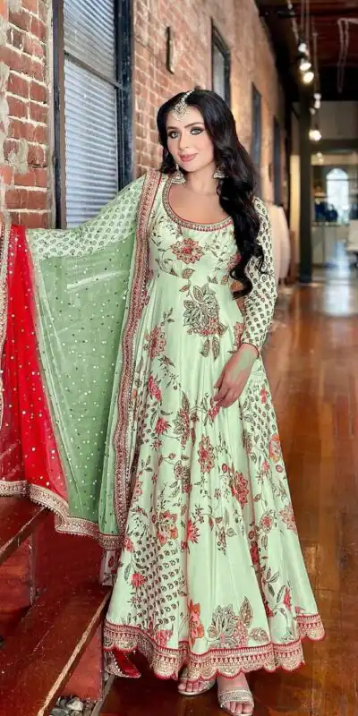 SR 1620 Green color Georgette Embroidery Diamond Anarkali Suit Casual, Wedding, Party, Festive, Events . Expected Delivery  4-6 Working Days @2099/- | Anarkali Suits, Bollywood Anarkali, Creative-Anarkali, Designer Anarkali, Embroidered Anarkali, Party Wear Anarkali