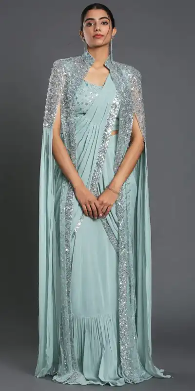 Ram 310 Light Blue Color Georgette Sequence Beautiful Frill Saree Casual, Wedding, Party, Festive, Events Etc. Expected Delivery 4-6 Working Days @2179/- | Sarees, Bollywood Sarees, Creative Sarees, Designer Sarees, Embroidered Sarees, Ethnic Saree, Modern Digital sarees, Party Wear Sarees