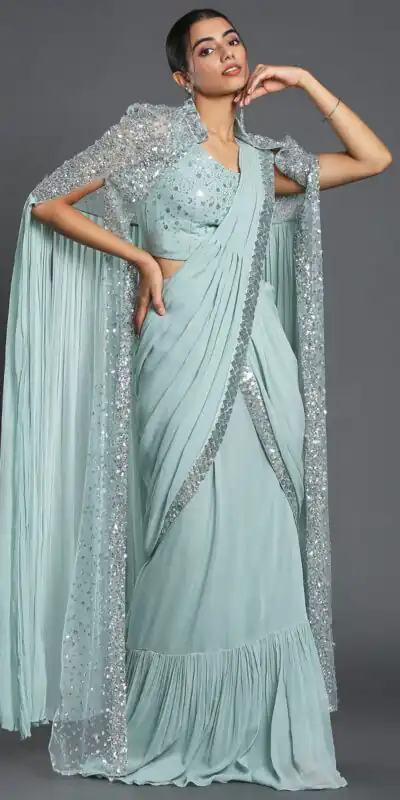 Ram 310 Light Blue Color Georgette Sequence Beautiful Frill Saree Casual, Wedding, Party, Festive, Events Etc. Expected Delivery 4-6 Working Days @2179/- | Sarees, Bollywood Sarees, Creative Sarees, Designer Sarees, Embroidered Sarees, Ethnic Saree, Modern Digital sarees, Party Wear Sarees