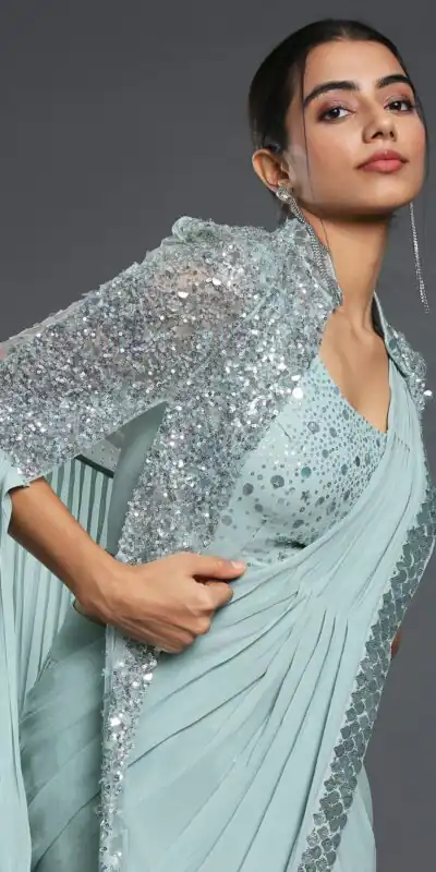 Ram 310 Light Blue Color Georgette Sequence Beautiful Frill Saree Casual, Wedding, Party, Festive, Events Etc. Expected Delivery 4-6 Working Days @2179/- | Sarees, Bollywood Sarees, Creative Sarees, Designer Sarees, Embroidered Sarees, Ethnic Saree, Modern Digital sarees, Party Wear Sarees