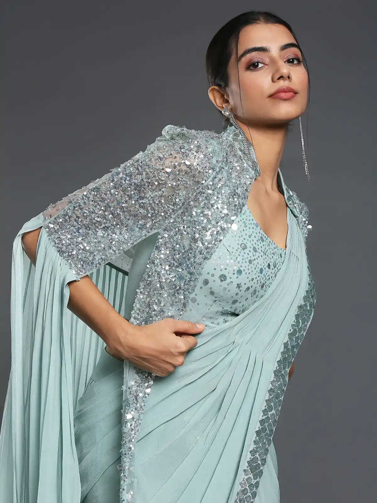 Ram 310 Light Blue Color Georgette Sequence Beautiful Frill Saree Casual, Wedding, Party, Festive, Events Etc. Expected Delivery 4-6 Working Days @2179/- | Sarees, Bollywood Sarees, Creative Sarees, Designer Sarees, Embroidered Sarees, Ethnic Saree, Modern Digital sarees, Party Wear Sarees