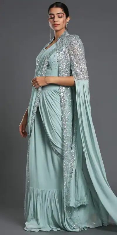 Ram 310 Light Blue Color Georgette Sequence Beautiful Frill Saree Casual, Wedding, Party, Festive, Events Etc. Expected Delivery 4-6 Working Days @2179/- | Sarees, Bollywood Sarees, Creative Sarees, Designer Sarees, Embroidered Sarees, Ethnic Saree, Modern Digital sarees, Party Wear Sarees